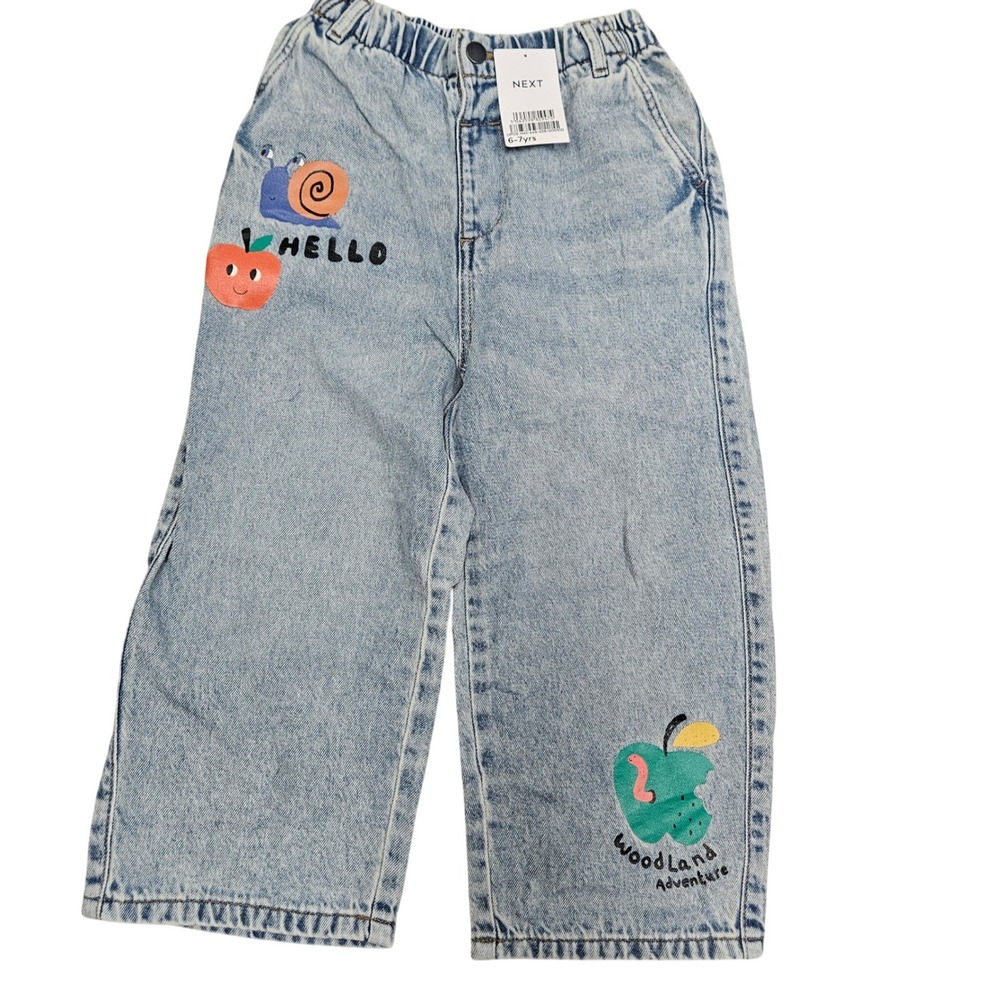 Next Jeans Kids 6-7 Years Light Blue Woodland Graphic Cotton Elastic Waist Denim